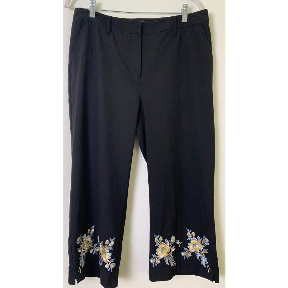 Karen Kane Pants Womens 12 Petites Black Crop Stretch Embroidered Hem Flat Front